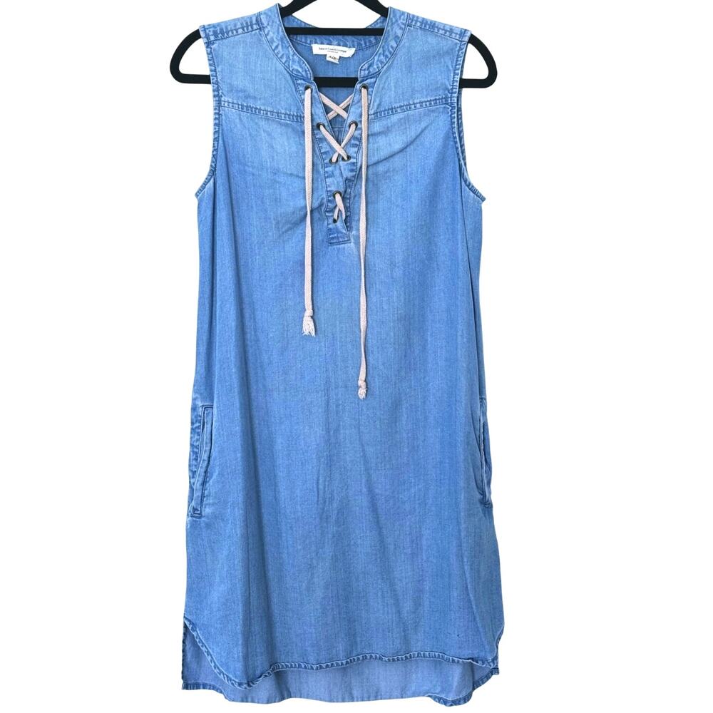 Beach Lunch Lounge Chambray Lace Up Shift Dress Small Blue Coastal Cowgirl Vacay